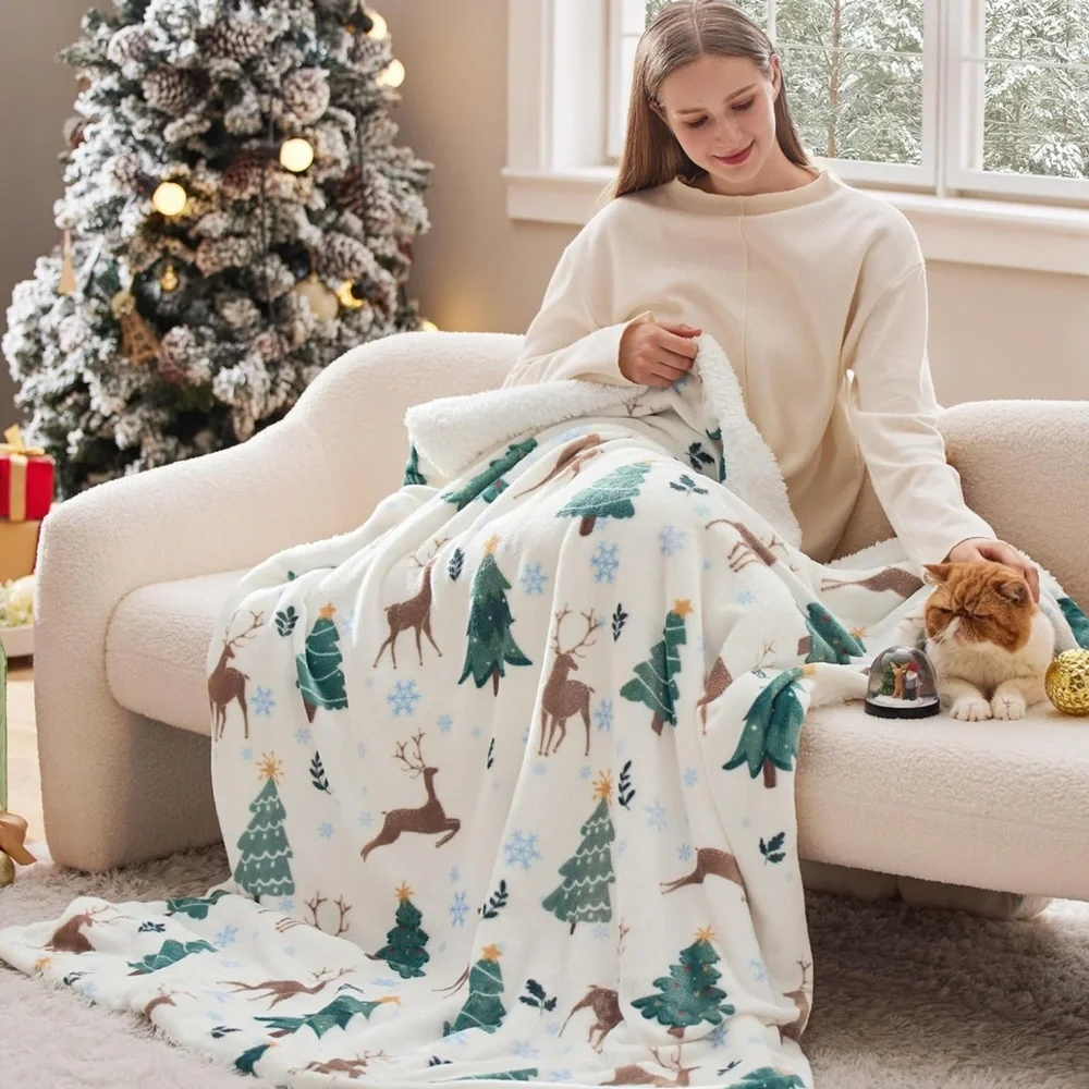 Festive Reindeer and Tree Holiday Throw Blanket